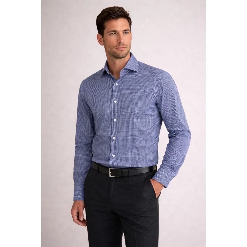 THEORY Men's Blue Micro Check‎ Dress Shirt Cotton Zack PS-Hilton Head LARGE